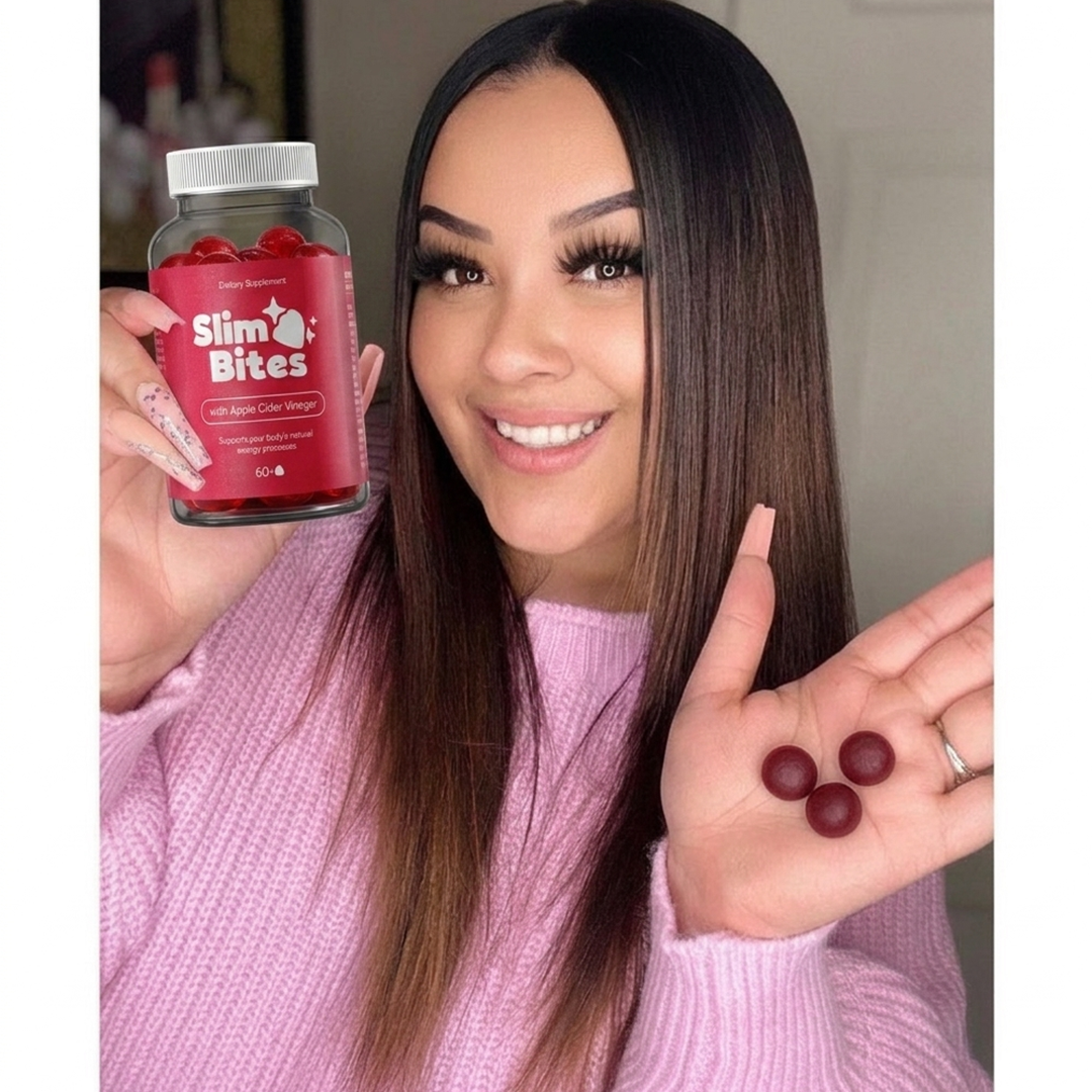 Person holding Slim Bites bottle and gummies